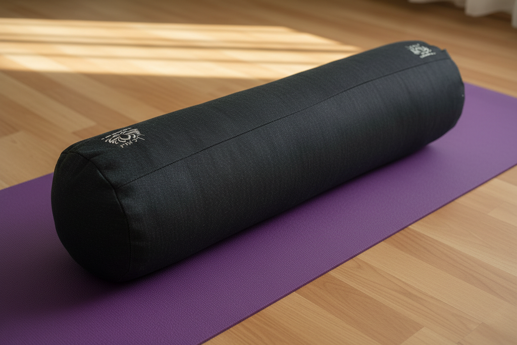 Bolster con logo visible sobre mat de yoga