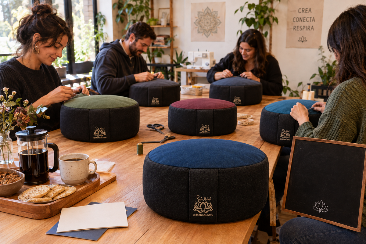 Personas confeccionando zafus en un taller con café